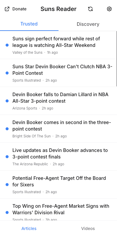 Suns Reader feed showing latest articles from multiple sources